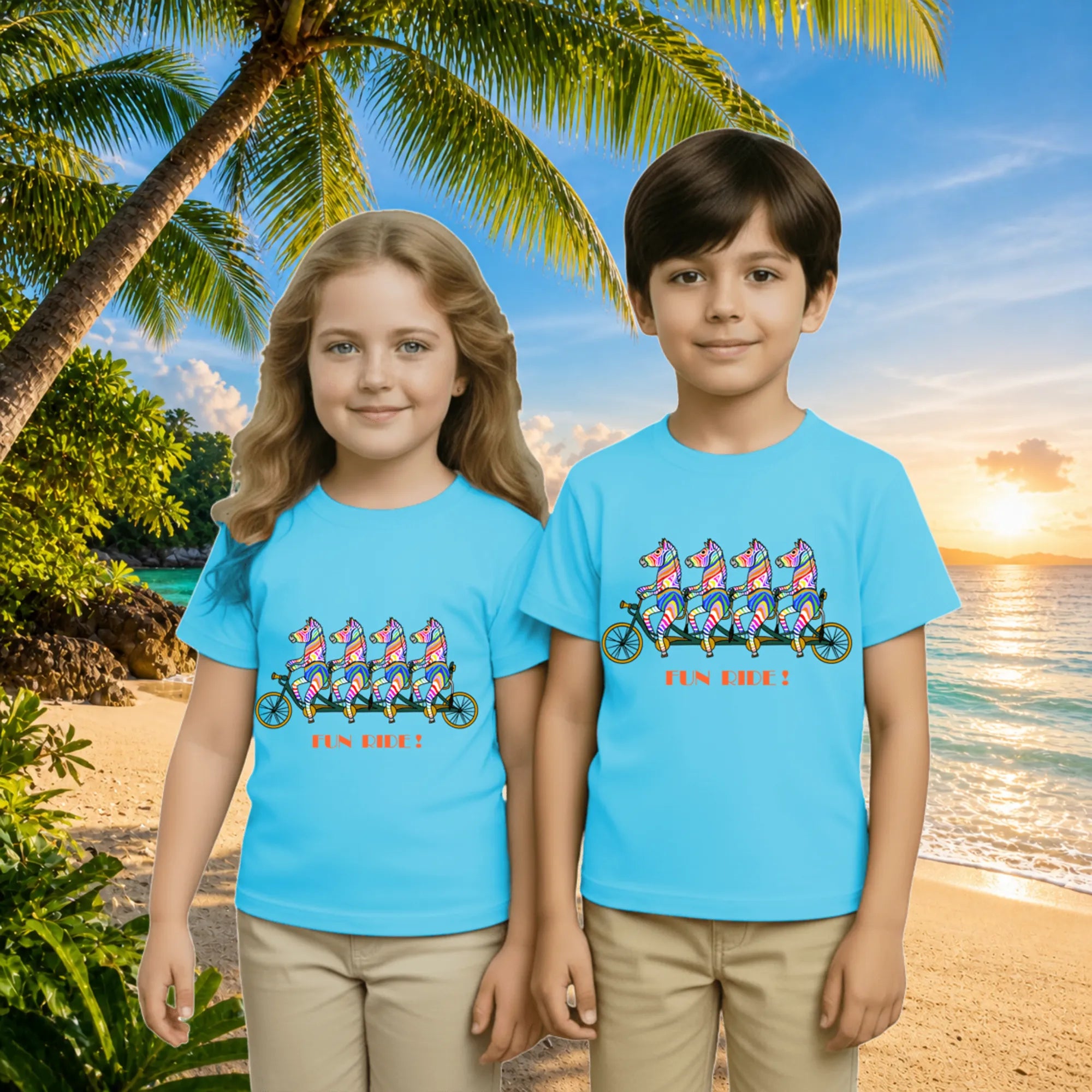 Lifestyle image of PaintzStories artistic kids t-shirt featuring Four Zebras on a Ride artwork with colourful illustration, premium cotton comfort, birthday gift for kids, and artwork on tshirt.