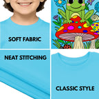 Feature highlights of PaintzStories artistic kids t-shirt featuring Frog on Mushroom artwork with colourful illustration, premium cotton comfort, art tee shirt, and colourful kids wear.