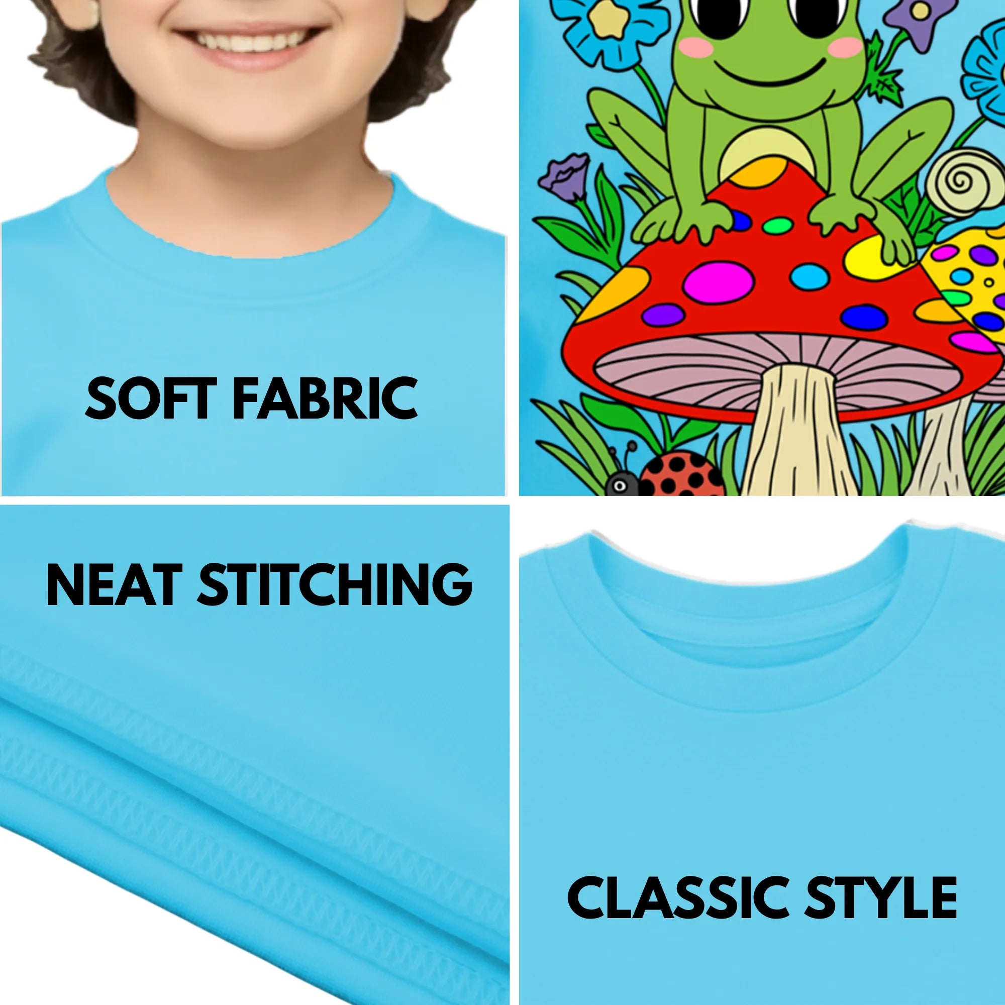 Feature highlights of PaintzStories artistic kids t-shirt featuring Frog on Mushroom artwork with colourful illustration, premium cotton comfort, art tee shirt, and colourful kids wear.