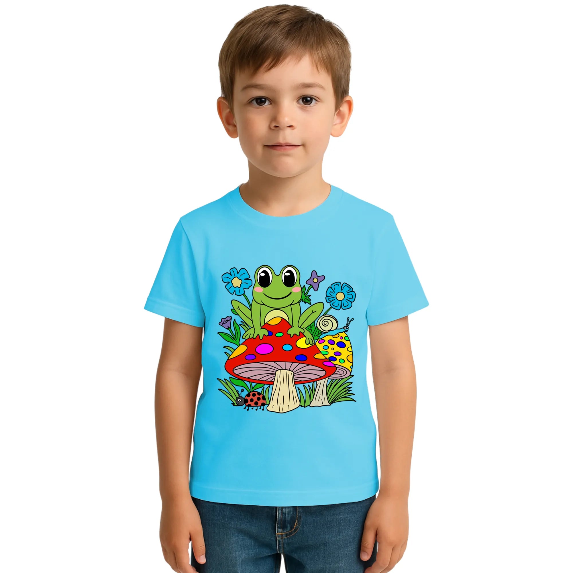 Main view of PaintzStories artistic kids t-shirt featuring Frog on Mushroom artwork with colourful illustration, premium cotton comfort, artwork on tshirt, and designer kids tshirt.
