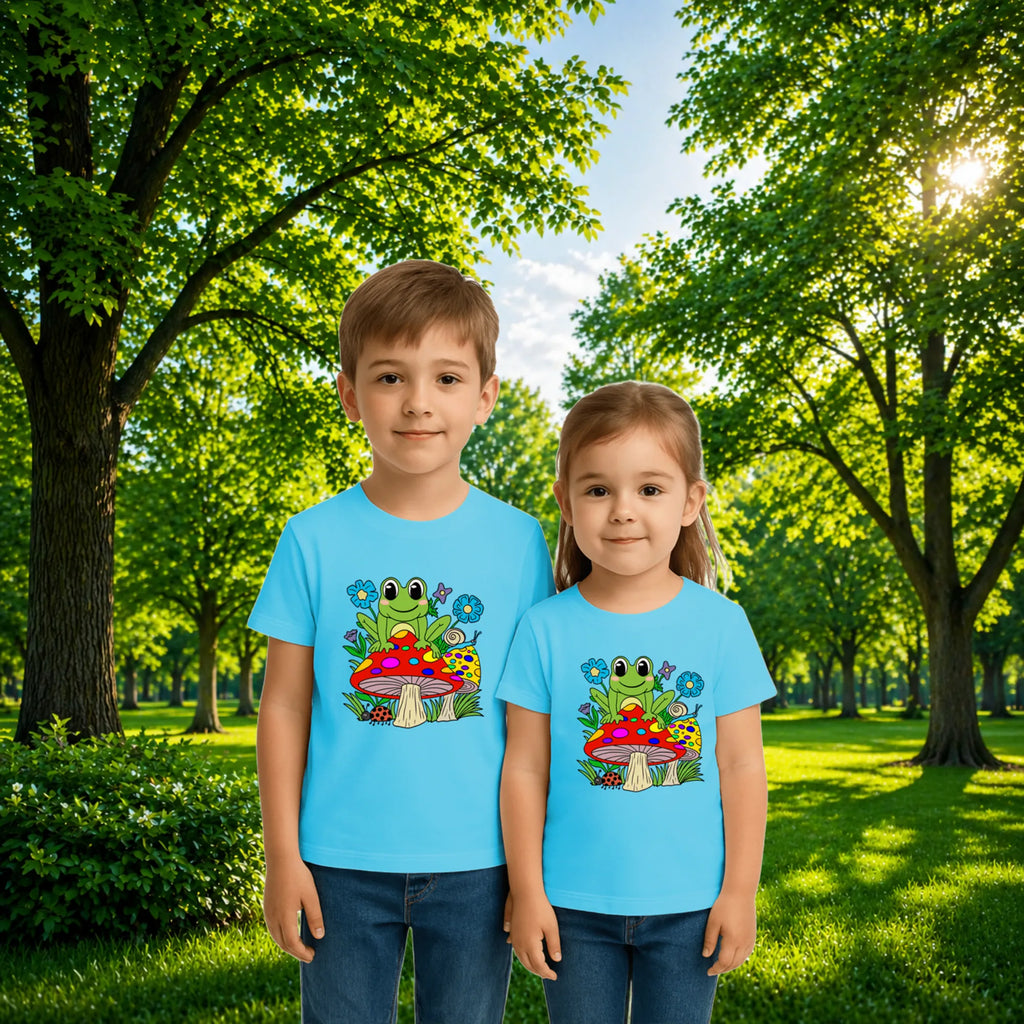 Sibling styling view of PaintzStories artistic kids t-shirt featuring Frog on Mushroom artwork with colourful illustration, premium cotton comfort, artist tees, and designer kids tshirt.