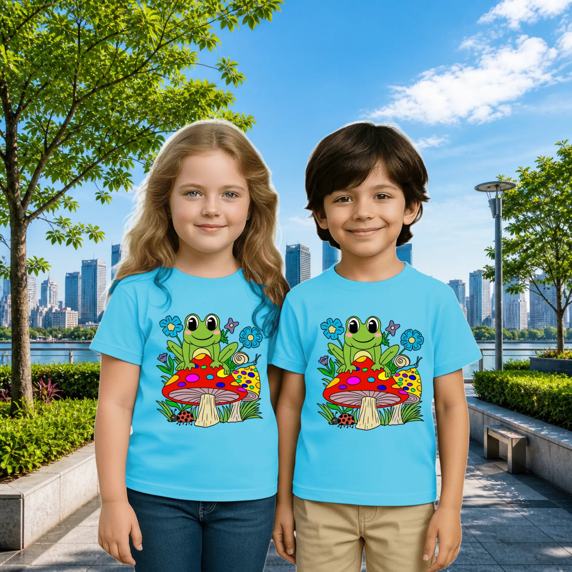 Lifestyle image of PaintzStories artistic kids t-shirt featuring Frog on Mushroom artwork with colourful illustration, premium cotton comfort, birthday gift for kids, and art tee shirt.