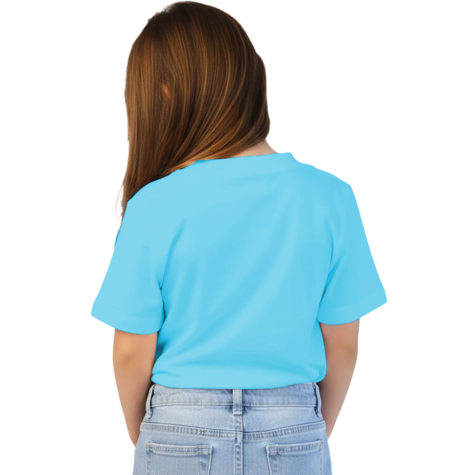Back side of PaintzStories artistic kids t-shirt featuring Giraffe with Bow Tie - Light Blue artwork with colourful illustration, premium cotton comfort, art tee shirt, and designer kids tshirt.
