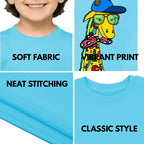 Feature highlights of PaintzStories artistic kids t-shirt featuring Giraffe with Bow Tie - Light Blue artwork with colourful illustration, premium cotton comfort, kids artistic t-shirt, and creative kids fashion.