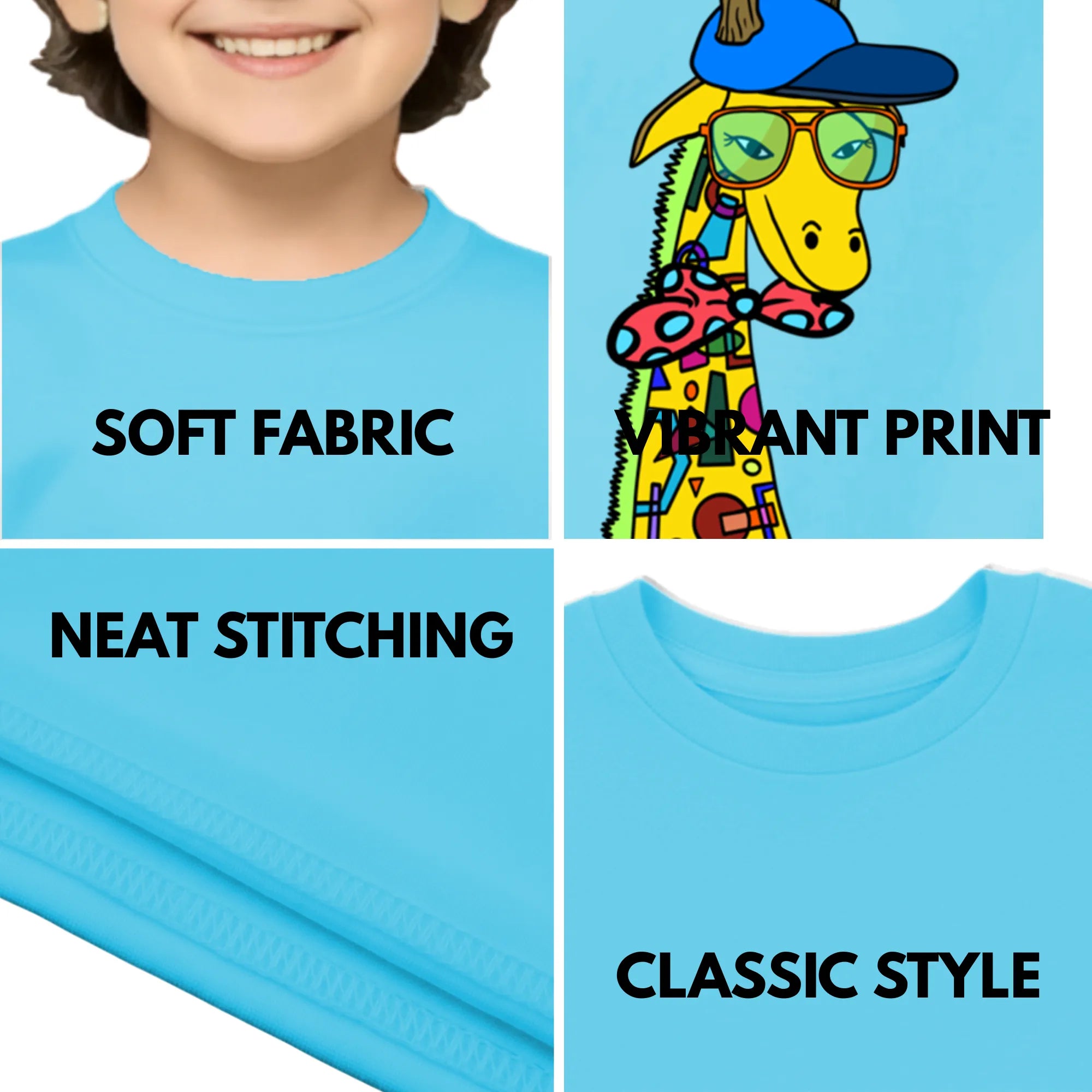Feature highlights of PaintzStories artistic kids t-shirt featuring Giraffe with Bow Tie - Light Blue artwork with colourful illustration, premium cotton comfort, kids artistic t-shirt, and creative kids fashion.