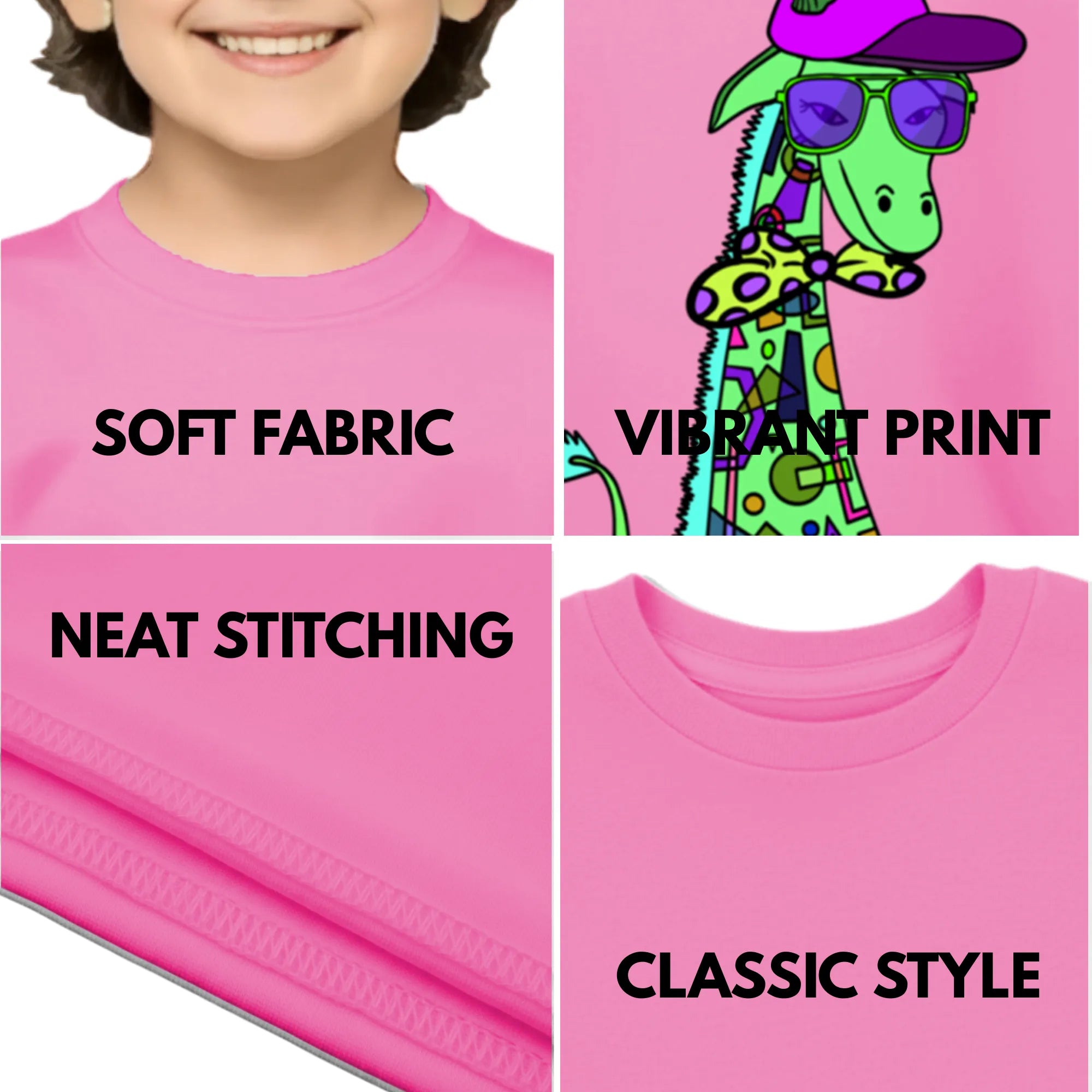Feature highlights of PaintzStories artistic kids t-shirt featuring Giraffe with Bow Tie - Light Pink artwork with colourful illustration, premium cotton comfort, designer kids tshirt, and gift for young artists.