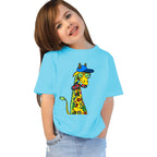 Main view of PaintzStories artistic kids t-shirt featuring Giraffe with Bow Tie - Light Blue artwork with colourful illustration, premium cotton comfort, kids artistic t-shirt, and designer kids tshirt.