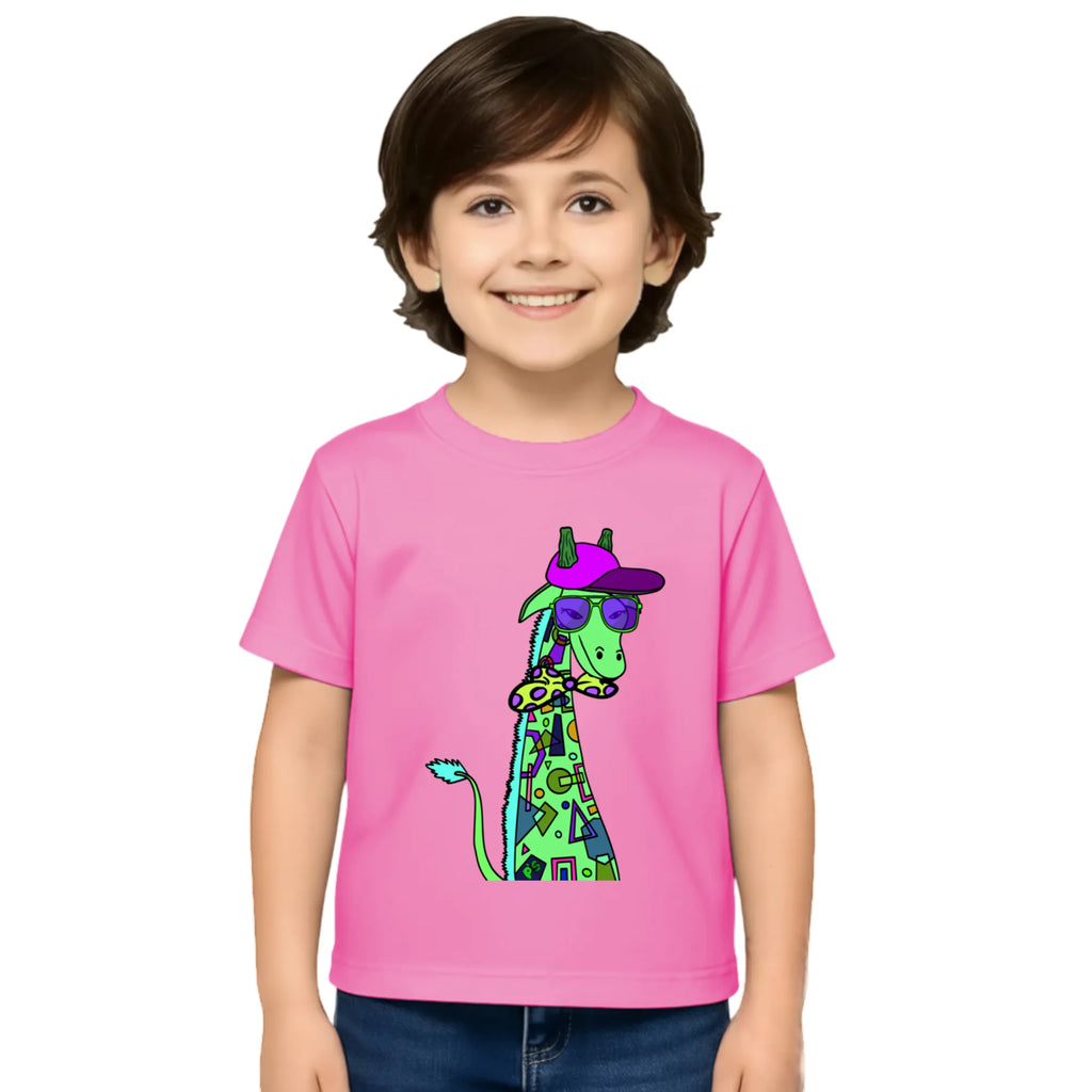 Main view of PaintzStories artistic kids t-shirt featuring Giraffe with Bow Tie - Light Pink artwork with colourful illustration, premium cotton comfort, unisex cotton tshirt, and designer kids tshirt.