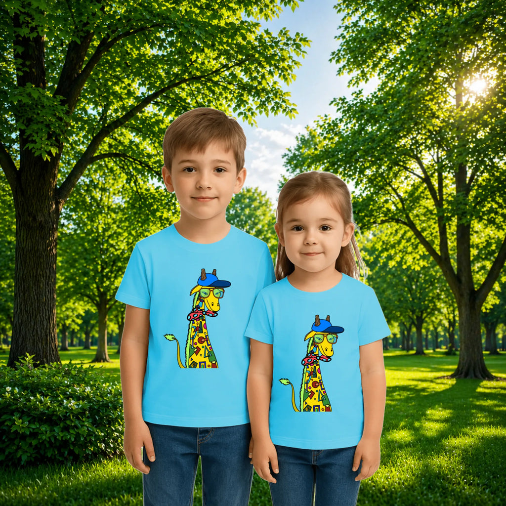 Sibling styling view of PaintzStories artistic kids t-shirt featuring Giraffe with Bow Tie - Light Blue artwork with colourful illustration, premium cotton comfort, artist tees, and artwork on tshirt.