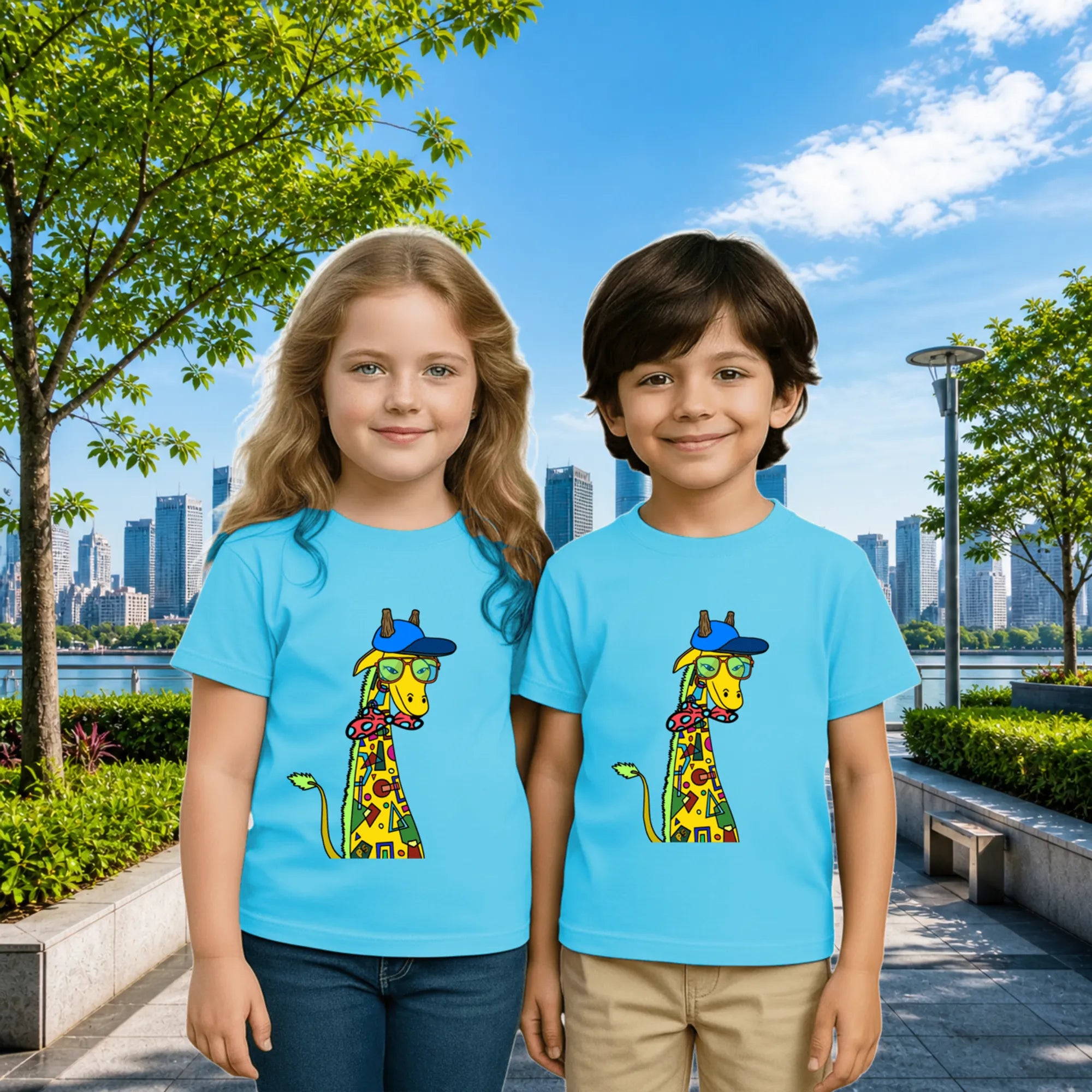 Lifestyle image of PaintzStories artistic kids t-shirt featuring Giraffe with Bow Tie - Light Blue artwork with colourful illustration, premium cotton comfort, designer kids tshirt, and birthday gift for kids.