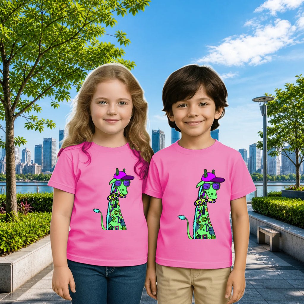 Lifestyle image of PaintzStories artistic kids t-shirt featuring Giraffe with Bow Tie - Light Pink artwork with colourful illustration, premium cotton comfort, unisex cotton tshirt, and kids artistic t-shirt.