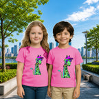 Lifestyle image of PaintzStories artistic kids t-shirt featuring Giraffe with Bow Tie - Light Pink artwork with colourful illustration, premium cotton comfort, unisex cotton tshirt, and kids artistic t-shirt.