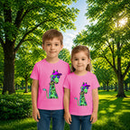 Sibling styling view of PaintzStories artistic kids t-shirt featuring Giraffe with Bow Tie - Light Pink artwork with colourful illustration, premium cotton comfort, artist tees, and colourful kids wear.
