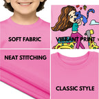 Feature highlights of PaintzStories artistic kids t-shirt featuring A Girl on Scooter artwork with colourful illustration, premium cotton comfort, art tee shirt, and gift for young artists.