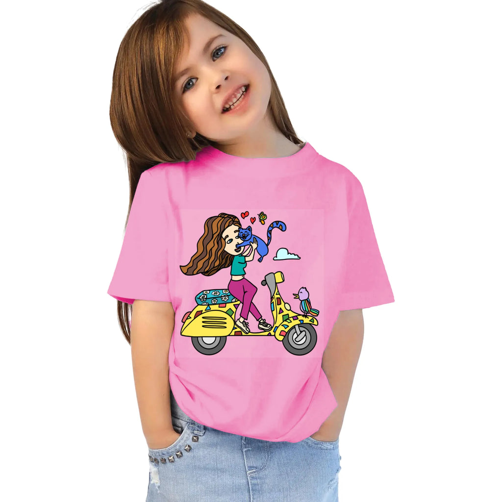 Main view of PaintzStories artistic kids t-shirt featuring A Girl on Scooter artwork with colourful illustration, premium cotton comfort, kids artistic t-shirt, and colourful kids wear.