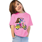 Main view of PaintzStories artistic kids t-shirt featuring A Girl on Scooter artwork with colourful illustration, premium cotton comfort, kids artistic t-shirt, and colourful kids wear.