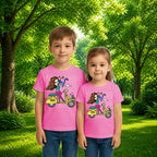 Sibling styling view of PaintzStories artistic kids t-shirt featuring A Girl on Scooter artwork with colourful illustration, premium cotton comfort, art tee shirt, and gift for young artists.