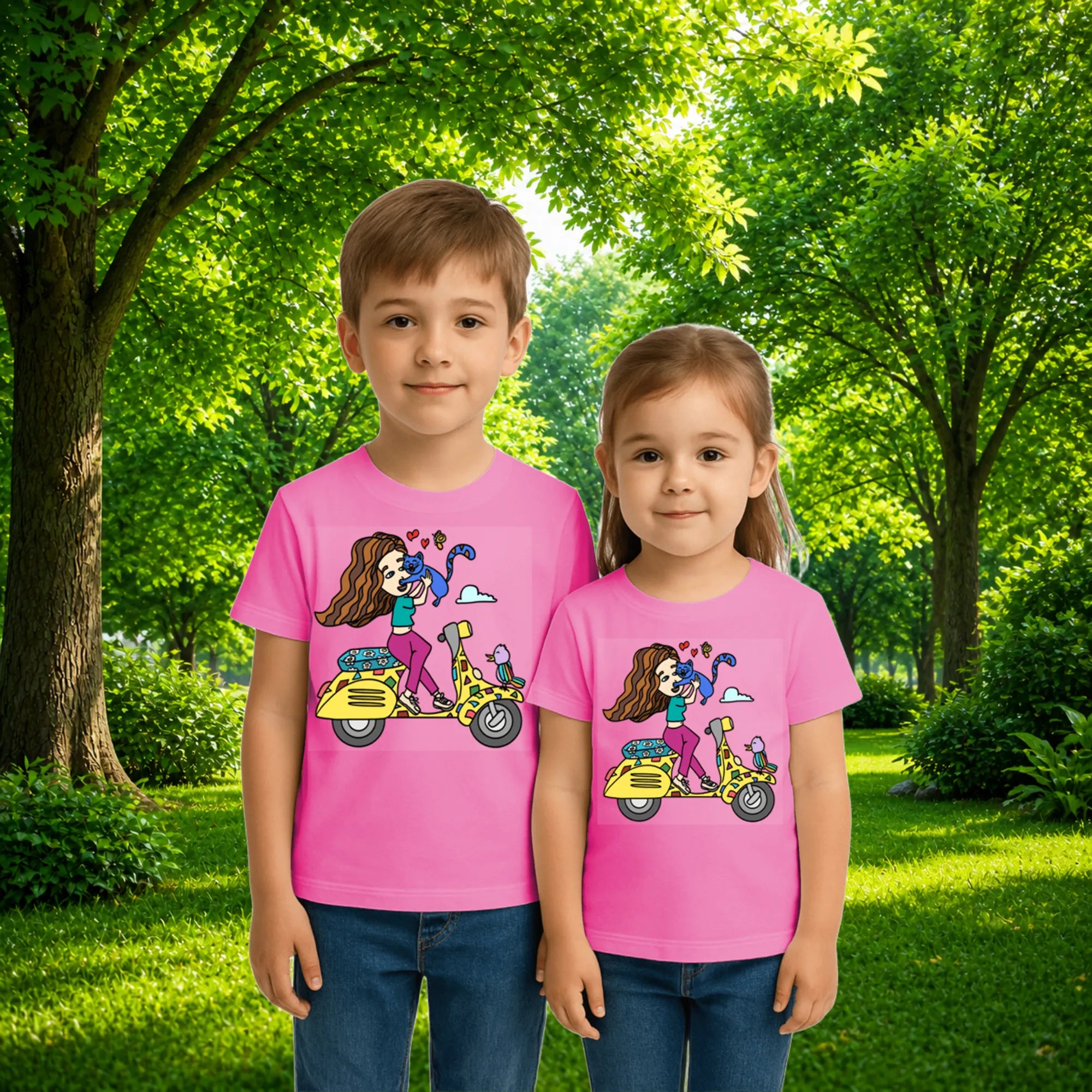 Sibling styling view of PaintzStories artistic kids t-shirt featuring A Girl on Scooter artwork with colourful illustration, premium cotton comfort, art tee shirt, and gift for young artists.