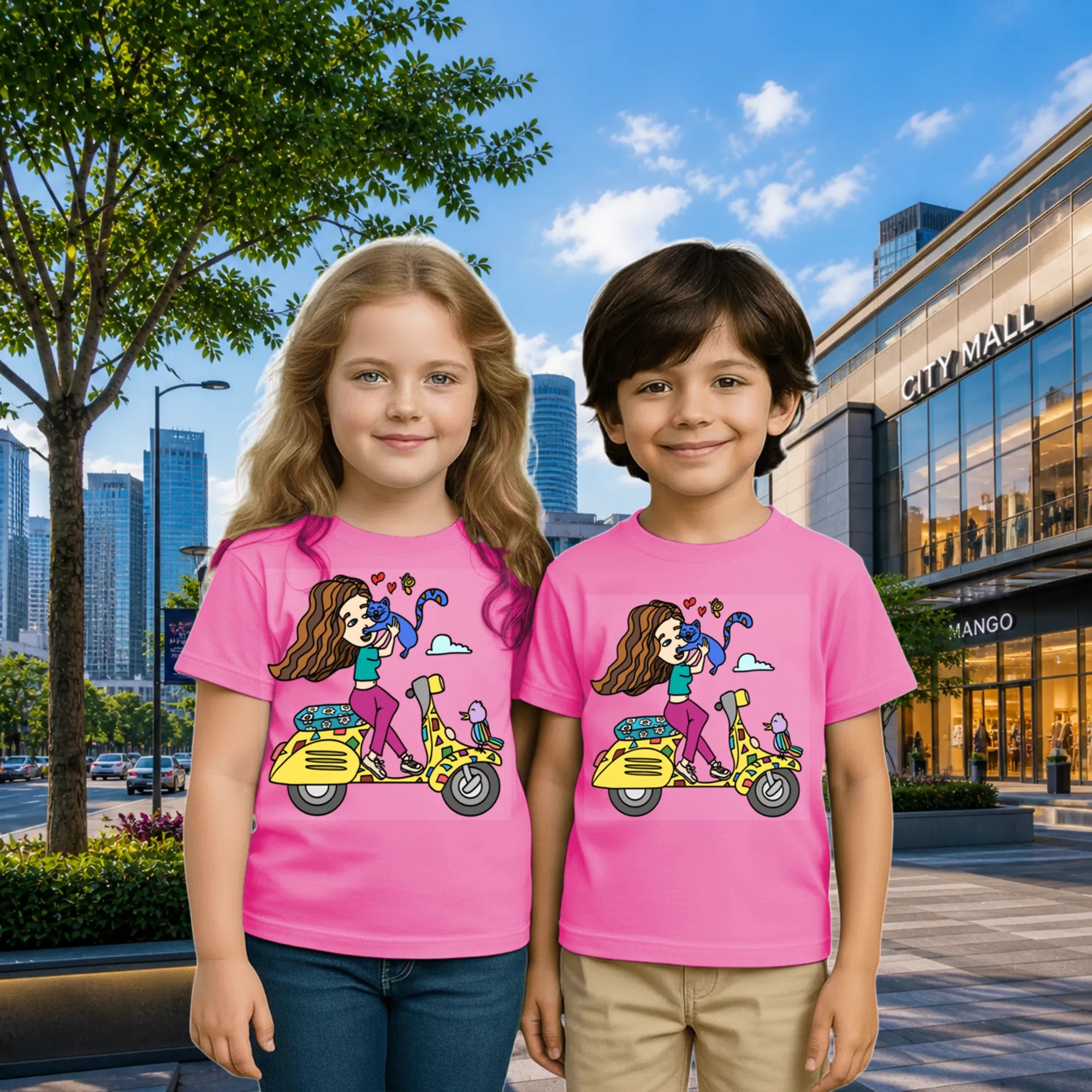 Lifestyle image of PaintzStories artistic kids t-shirt featuring A Girl on Scooter artwork with colourful illustration, premium cotton comfort, artist tees, and gift for young artists.