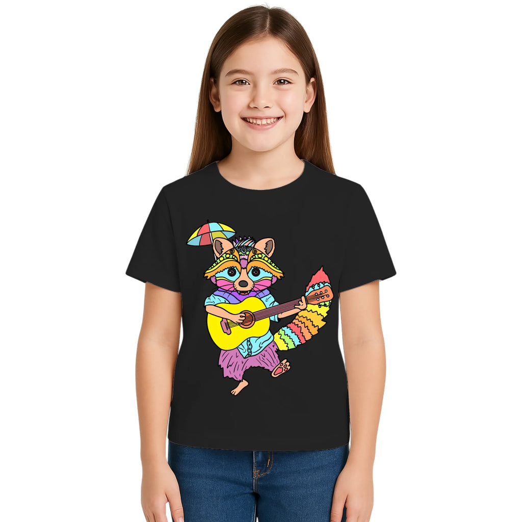 Main view of PaintzStories artistic kids t-shirt featuring Guitarist Racoon artwork with colourful illustration, premium cotton comfort, creative kids fashion, and kids artistic t-shirt.