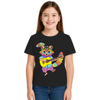 Main view of PaintzStories artistic kids t-shirt featuring Guitarist Racoon artwork with colourful illustration, premium cotton comfort, creative kids fashion, and kids artistic t-shirt.