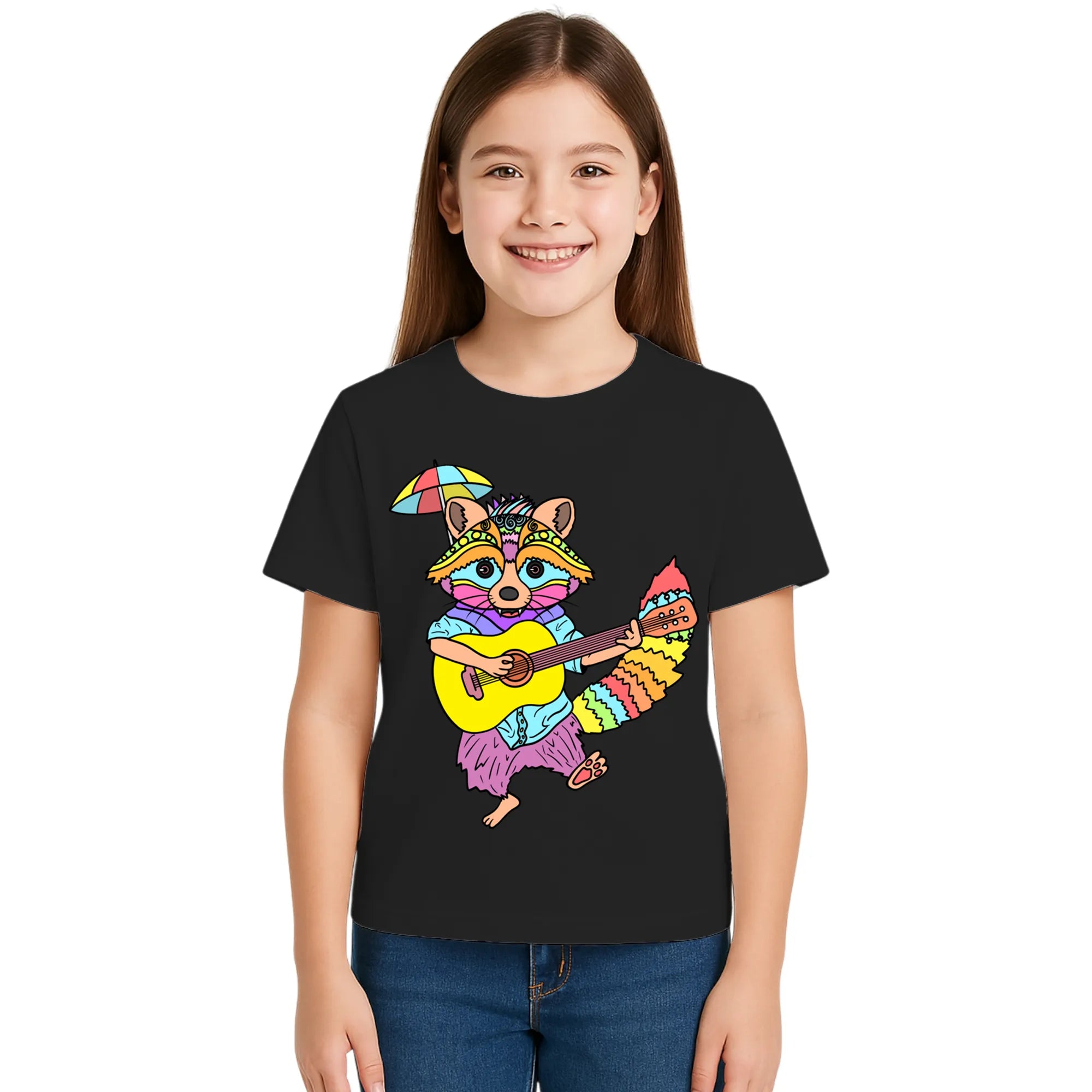Main view of PaintzStories artistic kids t-shirt featuring Guitarist Racoon artwork with colourful illustration, premium cotton comfort, creative kids fashion, and kids artistic t-shirt.