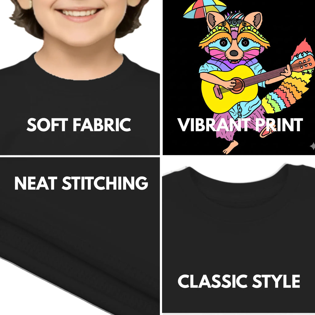 Feature highlights of PaintzStories artistic kids t-shirt featuring Guitarist Racoon artwork with colourful illustration, premium cotton comfort, creative kids fashion, and gift for young artists.