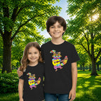 Sibling styling view of PaintzStories artistic kids t-shirt featuring Guitarist Racoon artwork with colourful illustration, premium cotton comfort, designer kids tshirt, and kids artistic t-shirt.