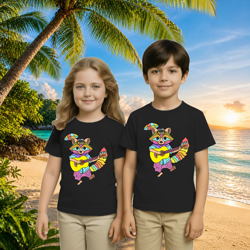 Lifestyle image of PaintzStories artistic kids t-shirt featuring Guitarist Racoon artwork with colourful illustration, premium cotton comfort, unisex cotton tshirt, and gift for young artists.