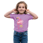 Main view of PaintzStories artistic kids t-shirt featuring Jungle Magic: Celebrating the Flamingo artwork with colourful illustration, premium cotton comfort, creative kids fashion, and colourful kids wear.