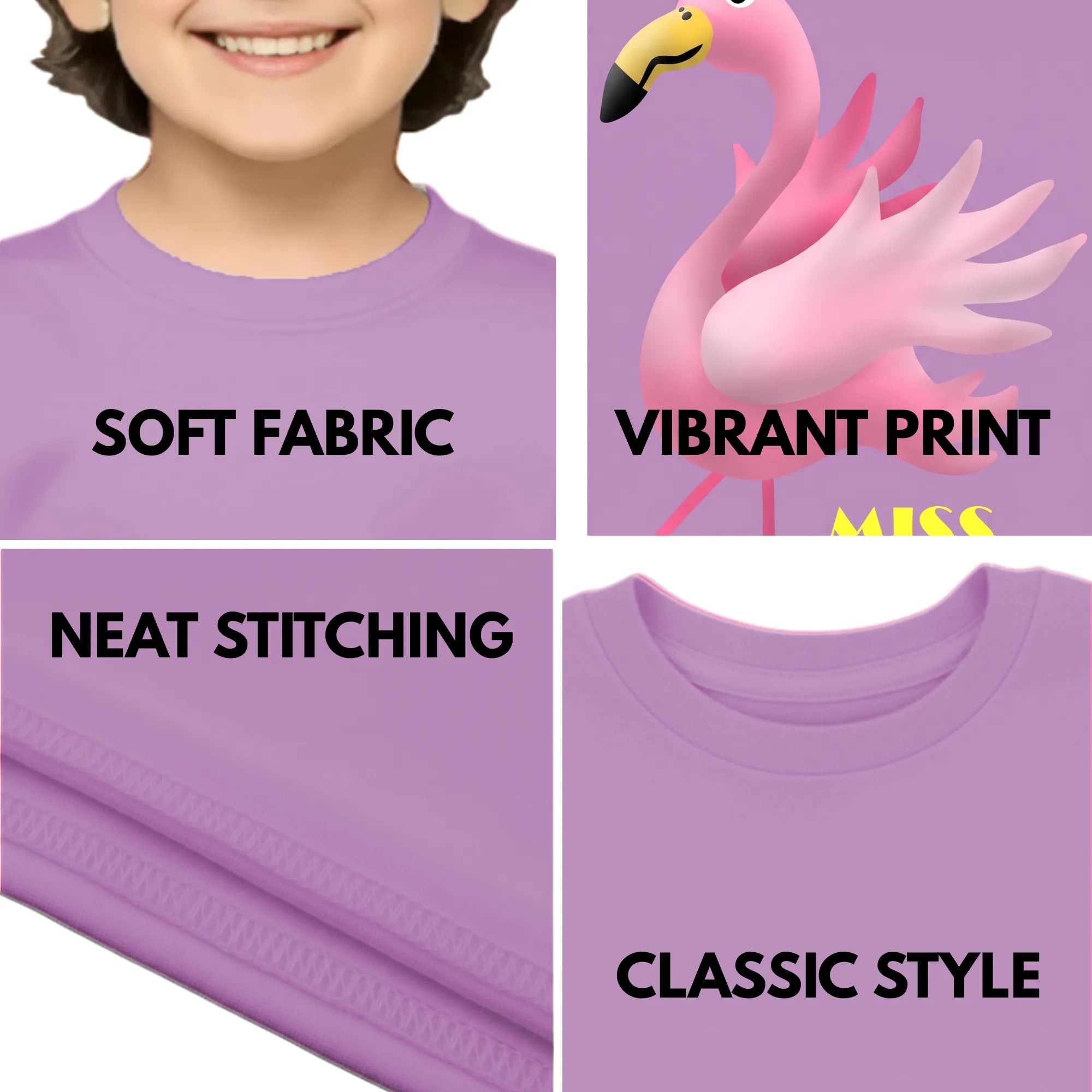 Feature highlights of PaintzStories artistic kids t-shirt featuring Jungle Magic: Celebrating the Flamingo artwork with colourful illustration, premium cotton comfort, designer kids tshirt, and birthday gift for kids.