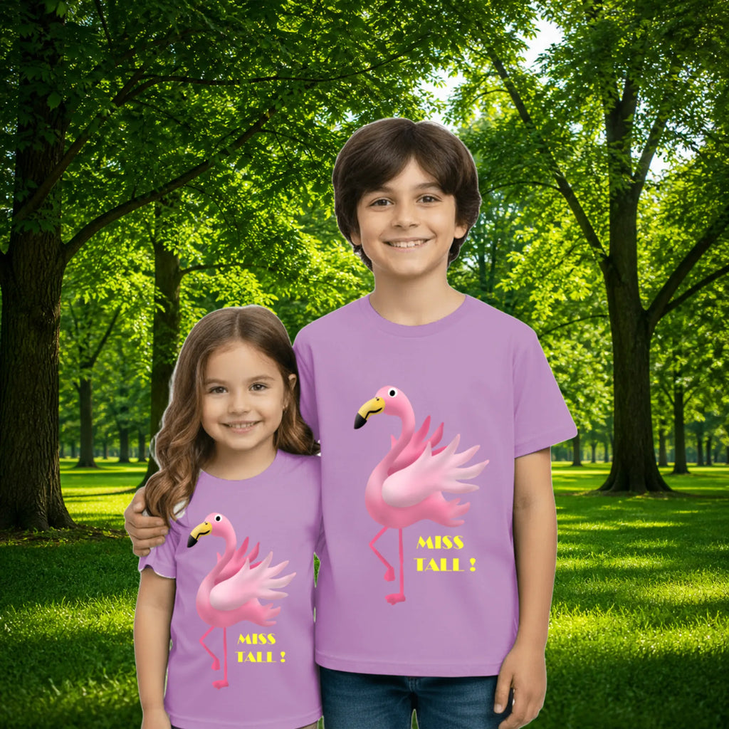 Sibling styling view of PaintzStories artistic kids t-shirt featuring Jungle Magic: Celebrating the Flamingo artwork with colourful illustration, premium cotton comfort, colourful kids wear, and kids artistic t-shirt.