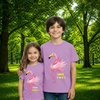 Sibling styling view of PaintzStories artistic kids t-shirt featuring Jungle Magic: Celebrating the Flamingo artwork with colourful illustration, premium cotton comfort, colourful kids wear, and kids artistic t-shirt.