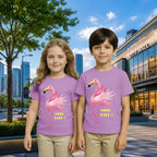 Lifestyle image of PaintzStories artistic kids t-shirt featuring Jungle Magic: Celebrating the Flamingo artwork with colourful illustration, premium cotton comfort, artwork on tshirt, and gift for young artists.