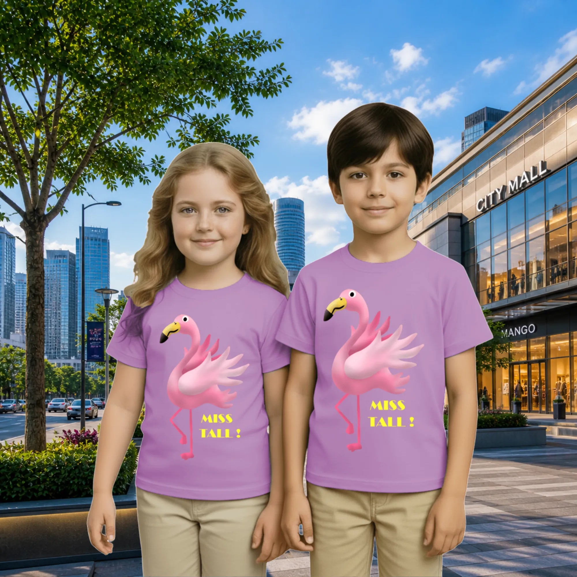 Lifestyle image of PaintzStories artistic kids t-shirt featuring Jungle Magic: Celebrating the Flamingo artwork with colourful illustration, premium cotton comfort, artwork on tshirt, and gift for young artists.