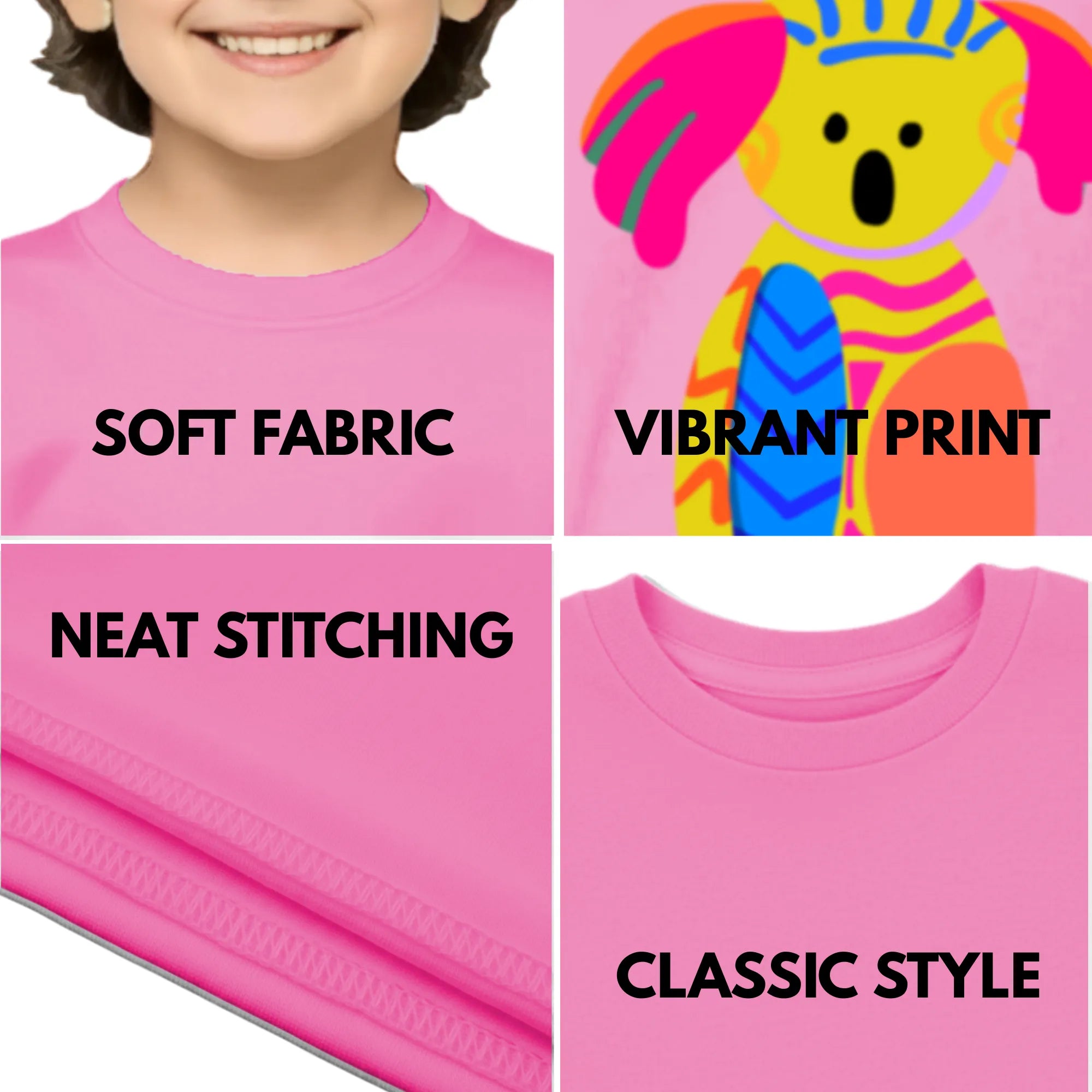 Feature highlights of PaintzStories artistic kids t-shirt featuring Australian Furry Friends: Meet the Koala artwork with colourful illustration, premium cotton comfort, gift for young artists, and colourful kids wear.
