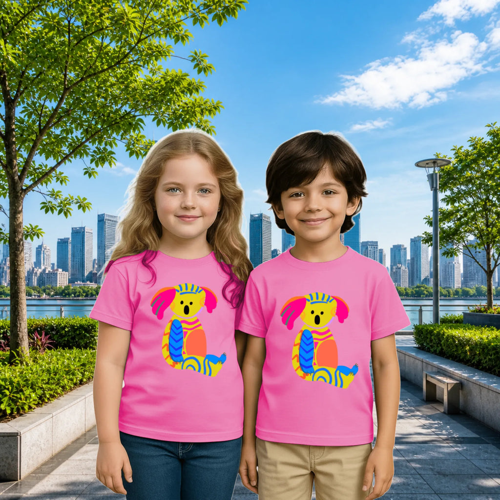 Lifestyle image of PaintzStories artistic kids t-shirt featuring Australian Furry Friends: Meet the Koala artwork with colourful illustration, premium cotton comfort, creative kids fashion, and designer kids tshirt.