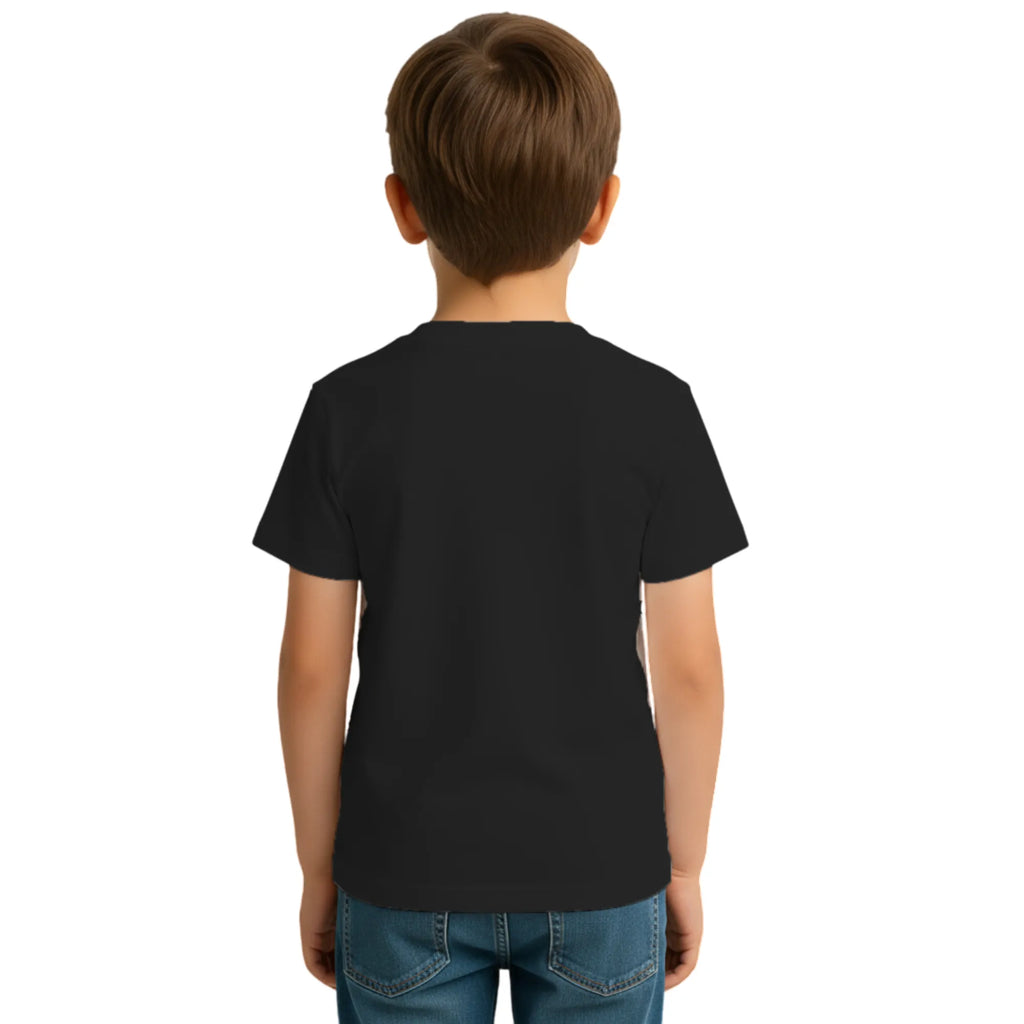 Back side of PaintzStories artistic kids t-shirt featuring Lion's Embrace: Midday Radiance with a Pair of Lions artwork with colourful illustration, premium cotton comfort, birthday gift for kids, and unisex cotton tshirt.
