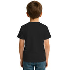 Back side of PaintzStories artistic kids t-shirt featuring Lion's Embrace: Midday Radiance with a Pair of Lions artwork with colourful illustration, premium cotton comfort, birthday gift for kids, and unisex cotton tshirt.