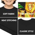 Feature highlights of PaintzStories artistic kids t-shirt featuring Lion's Embrace: Midday Radiance with a Pair of Lions artwork with colourful illustration, premium cotton comfort, artwork on tshirt, and birthday gift for kids.
