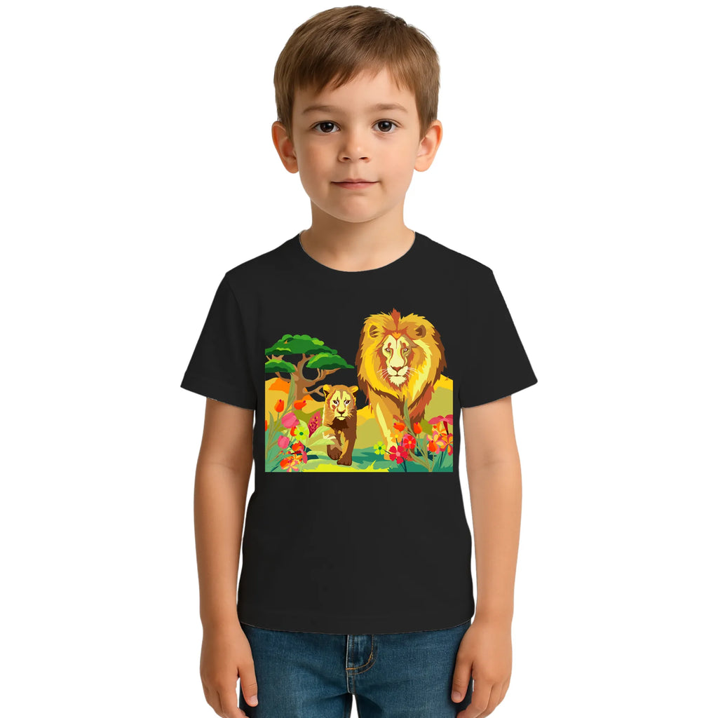 Main view of PaintzStories artistic kids t-shirt featuring Lion's Embrace: Midday Radiance with a Pair of Lions artwork with colourful illustration, premium cotton comfort, artwork on tshirt, and creative kids fashion.