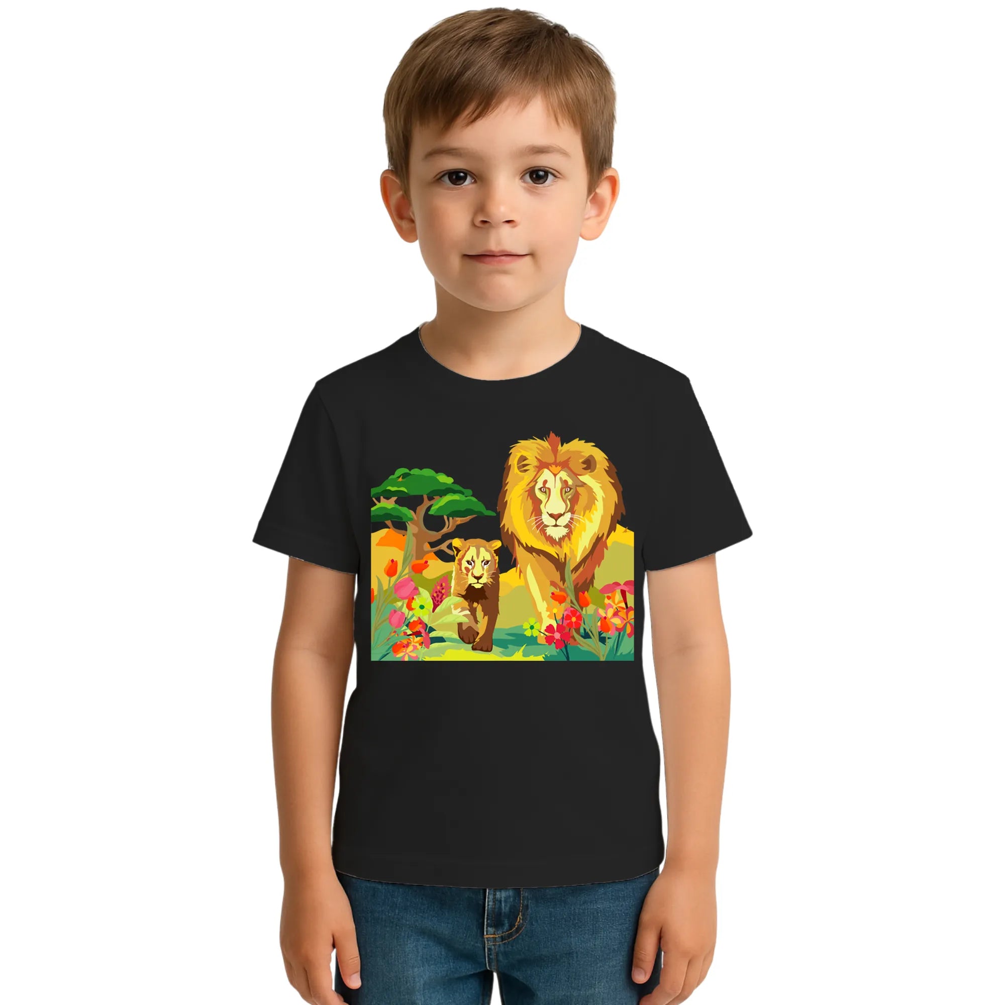 Main view of PaintzStories artistic kids t-shirt featuring Lion's Embrace: Midday Radiance with a Pair of Lions artwork with colourful illustration, premium cotton comfort, artwork on tshirt, and creative kids fashion.