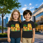 Lifestyle image of PaintzStories artistic kids t-shirt featuring Lion's Embrace: Midday Radiance with a Pair of Lions artwork with colourful illustration, premium cotton comfort, gift for young artists, and unisex cotton tshirt.