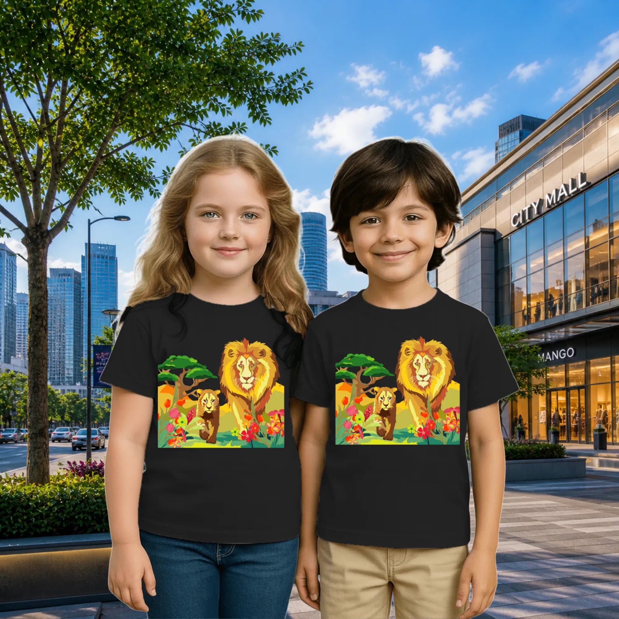 Lifestyle image of PaintzStories artistic kids t-shirt featuring Lion's Embrace: Midday Radiance with a Pair of Lions artwork with colourful illustration, premium cotton comfort, gift for young artists, and unisex cotton tshirt.