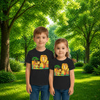 Sibling styling view of PaintzStories artistic kids t-shirt featuring Lion's Embrace: Midday Radiance with a Pair of Lions artwork with colourful illustration, premium cotton comfort, creative kids fashion, and birthday gift for kids.