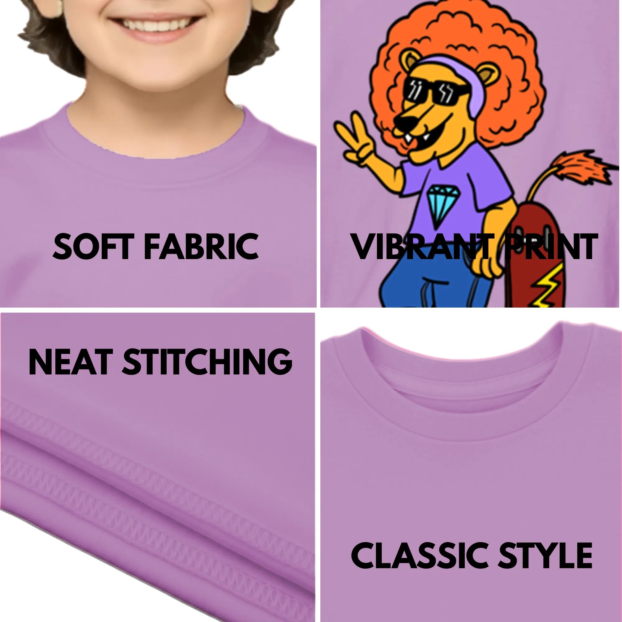 Feature highlights of PaintzStories artistic kids t-shirt featuring Crocodile & Lion’s Friendship: Lion Spotlight artwork with colourful illustration, premium cotton comfort, designer kids tshirt, and kids artistic t-shirt.