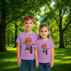 Sibling styling view of PaintzStories artistic kids t-shirt featuring Crocodile & Lion’s Friendship: Lion Spotlight artwork with colourful illustration, premium cotton comfort, birthday gift for kids, and colourful kids wear.