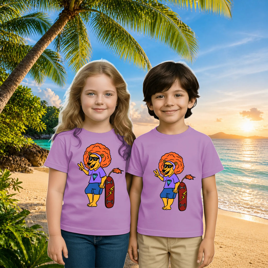 Lifestyle image of PaintzStories artistic kids t-shirt featuring Crocodile & Lion’s Friendship: Lion Spotlight artwork with colourful illustration, premium cotton comfort, unisex cotton tshirt, and creative kids fashion.