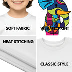 Feature highlights of PaintzStories artistic kids t-shirt featuring PS(PaintzStories) Animals artwork with colourful illustration, premium cotton comfort, designer kids tshirt, and unisex cotton tshirt.