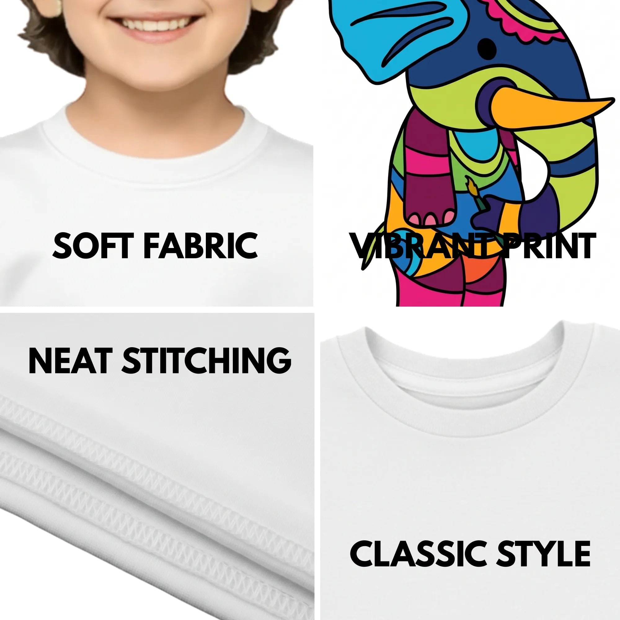 Feature highlights of PaintzStories artistic kids t-shirt featuring PS(PaintzStories) Animals artwork with colourful illustration, premium cotton comfort, designer kids tshirt, and unisex cotton tshirt.